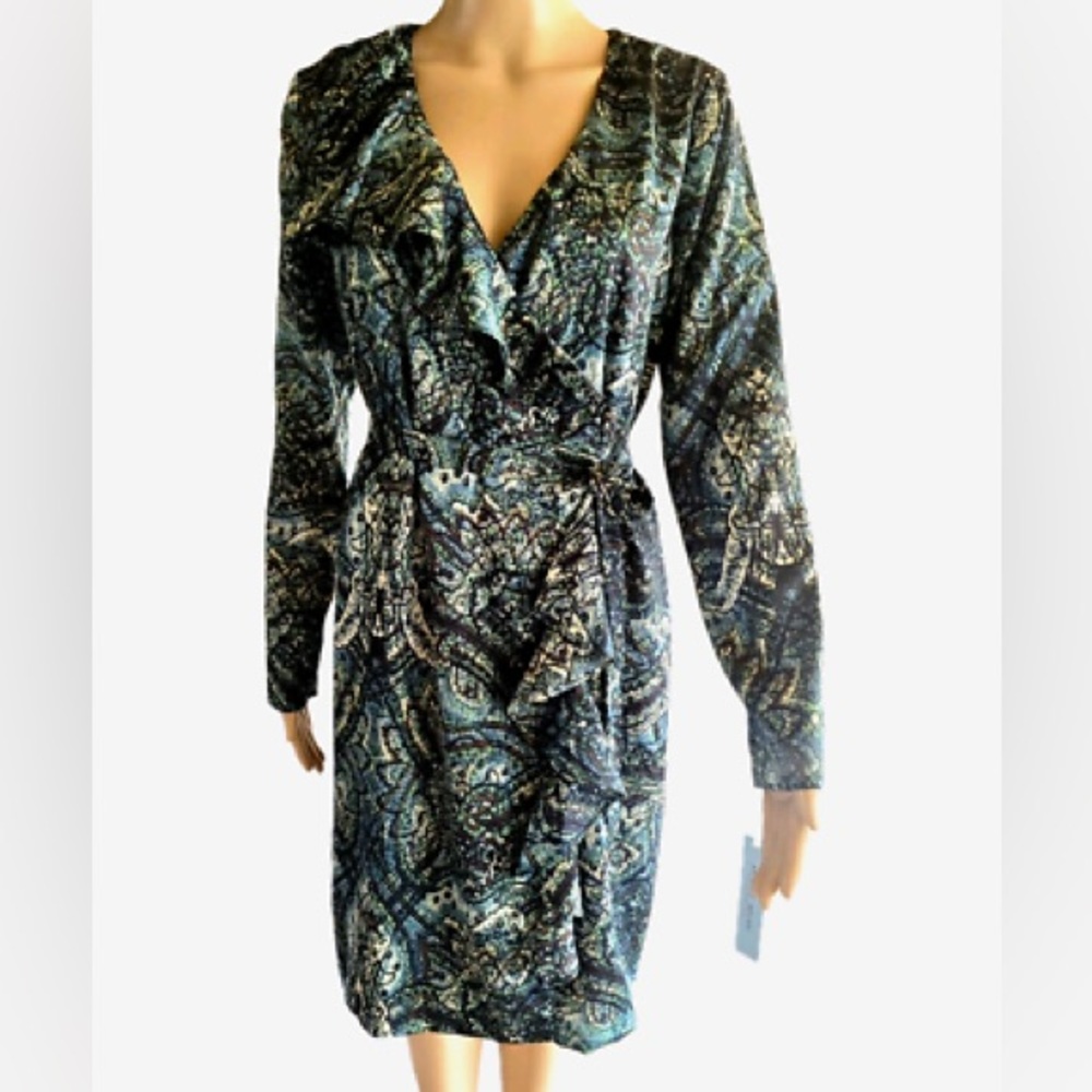 NWT Antonio Melani Balley Wrap Dress Blue Brown Women’s 6